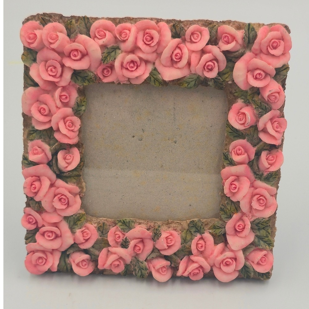 Vintage Cottagecore Pink Floral Picture Frame Heavy Resin 3.5x3.5 Square Ornate